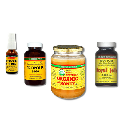 YS Eco Bee Farms organic honey, propolis, and royal jelly products.
