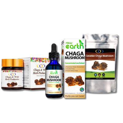 Chaga mushroom products including extracts, probiotics, and supplements.