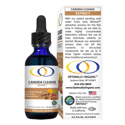 Candida Cleanse Extract 2oz with organic ingredients. Features cold water extraction and fulvic minerals for enhanced nutrient absorption and detox benefits.