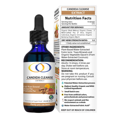 Candida Cleanse Extract 2oz with nutrition facts and recommended usage. Made with organic black walnut, cloves, and fulvic minerals for natural cleansing.