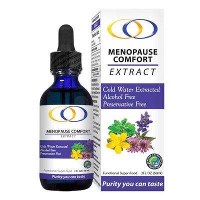 Menopause Comfort Extract 2oz bottle with packaging. Natural herbal supplement for menopause relief, featuring organic ingredients for hormone balance.