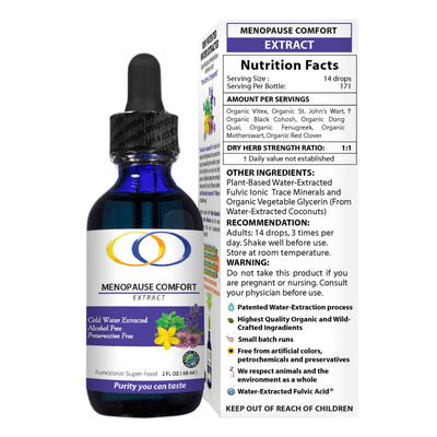 Menopause Comfort Extract 2oz bottle with nutrition facts and ingredients. Features organic herbs, fulvic minerals, and plant-based water extraction method.