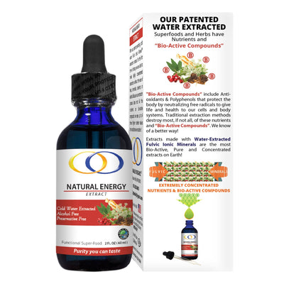 Side view of Natural Energy Extract 2oz bottle and packaging, emphasizing bio-active compounds and fulvic minerals for enhanced energy support.
