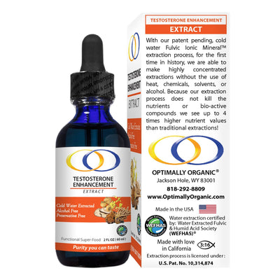 Side view of Testosterone Extract 2oz bottle and packaging. Features organic ingredients, cold water extraction, and high nutrient retention.