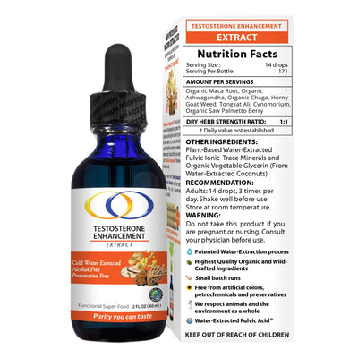 Back label of Testosterone Extract 2oz showing nutrition facts, ingredients, and usage recommendations. Alcohol-free, preservative-free herbal supplement.