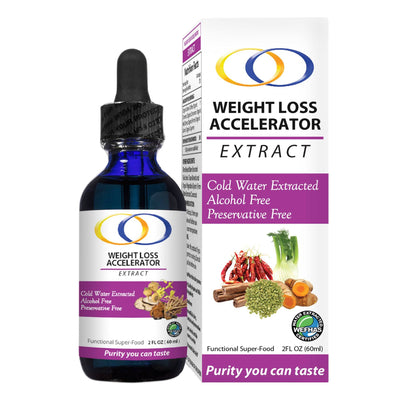 Weight-loss Accelerator Extract in a 2oz bottle with dropper, featuring cold water extraction, alcohol-free formula, and organic herbal ingredients.
