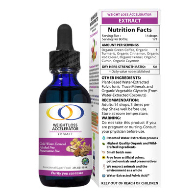 Weight-loss Accelerator Extract nutrition facts label detailing organic ingredients, serving size, and recommended usage for optimal weight management.